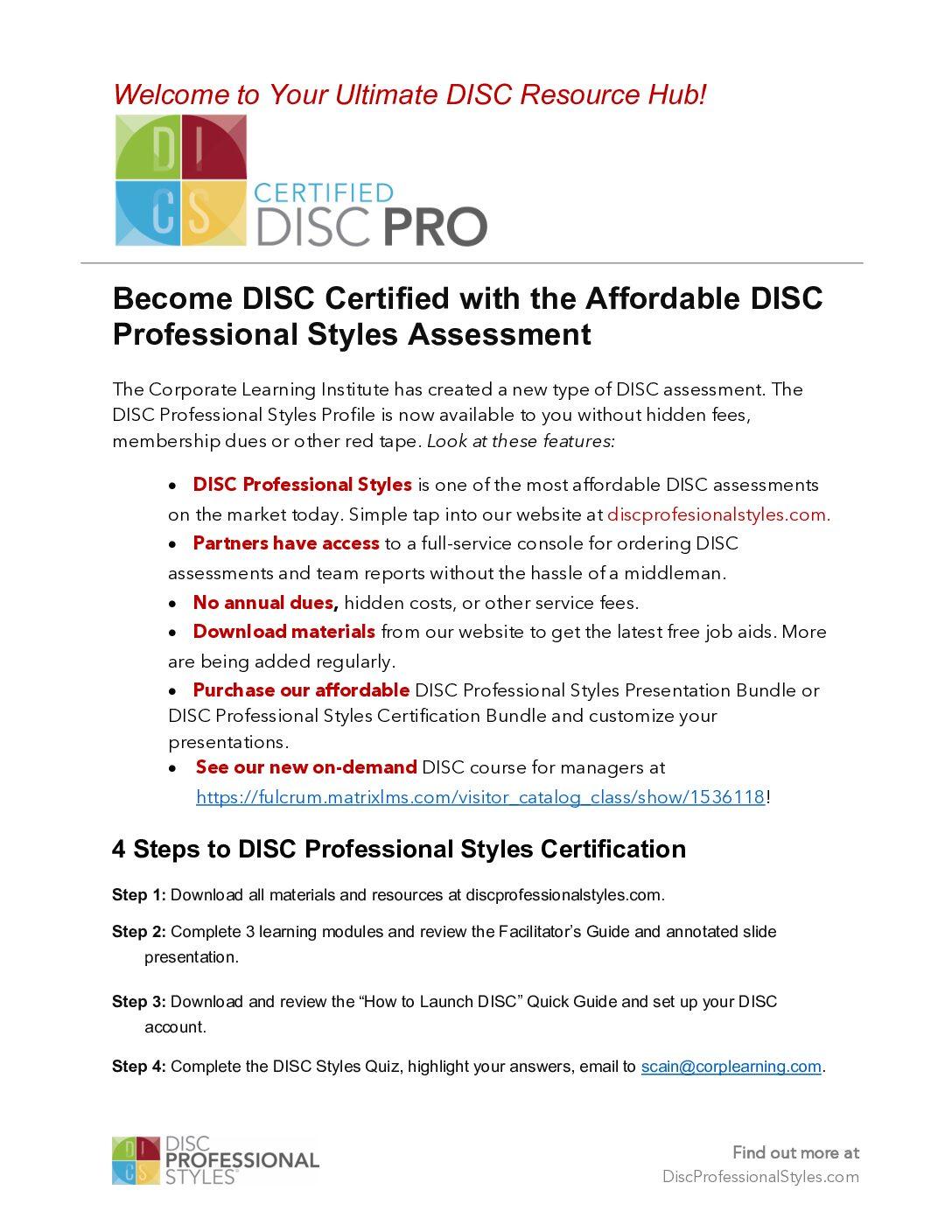Become DISC Certified - Affordable Professional Styles Assessment Certification DISC certification guide showing affordable DISC Professional Styles Assessment features and 4-step certification process for trainers and coaches